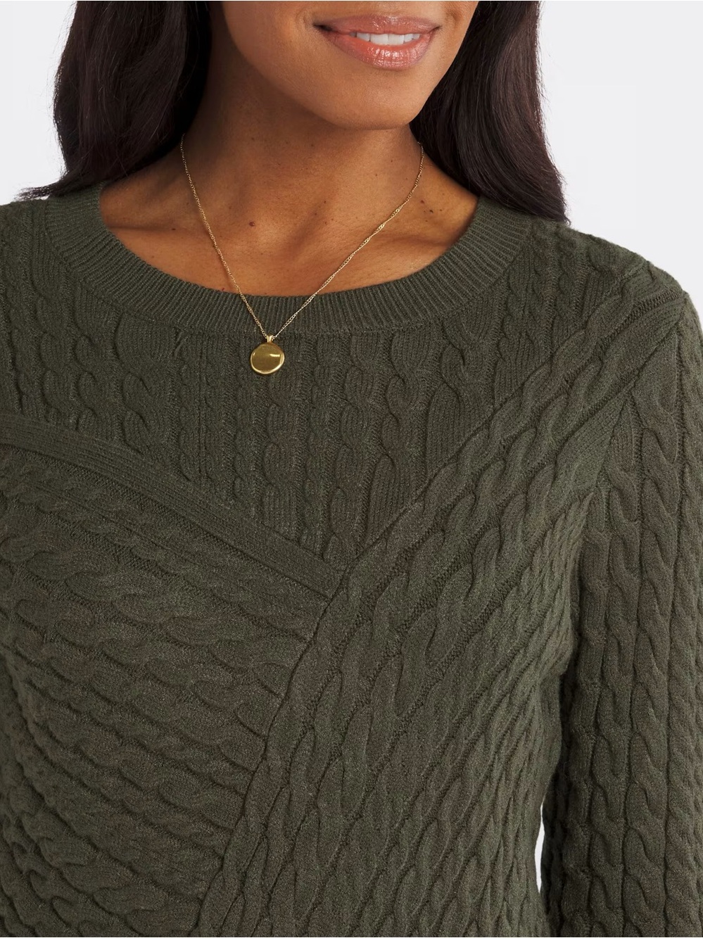 Evolution by Cyrus Aneesa Cable Knit Asymmetric Hem Sweater Olive Green Sz M - Picture 11 of 11
